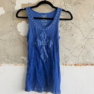 Y2K Tank Top Embellished Cross Studded Biker Graphic Velvet Stone Women L Gothic